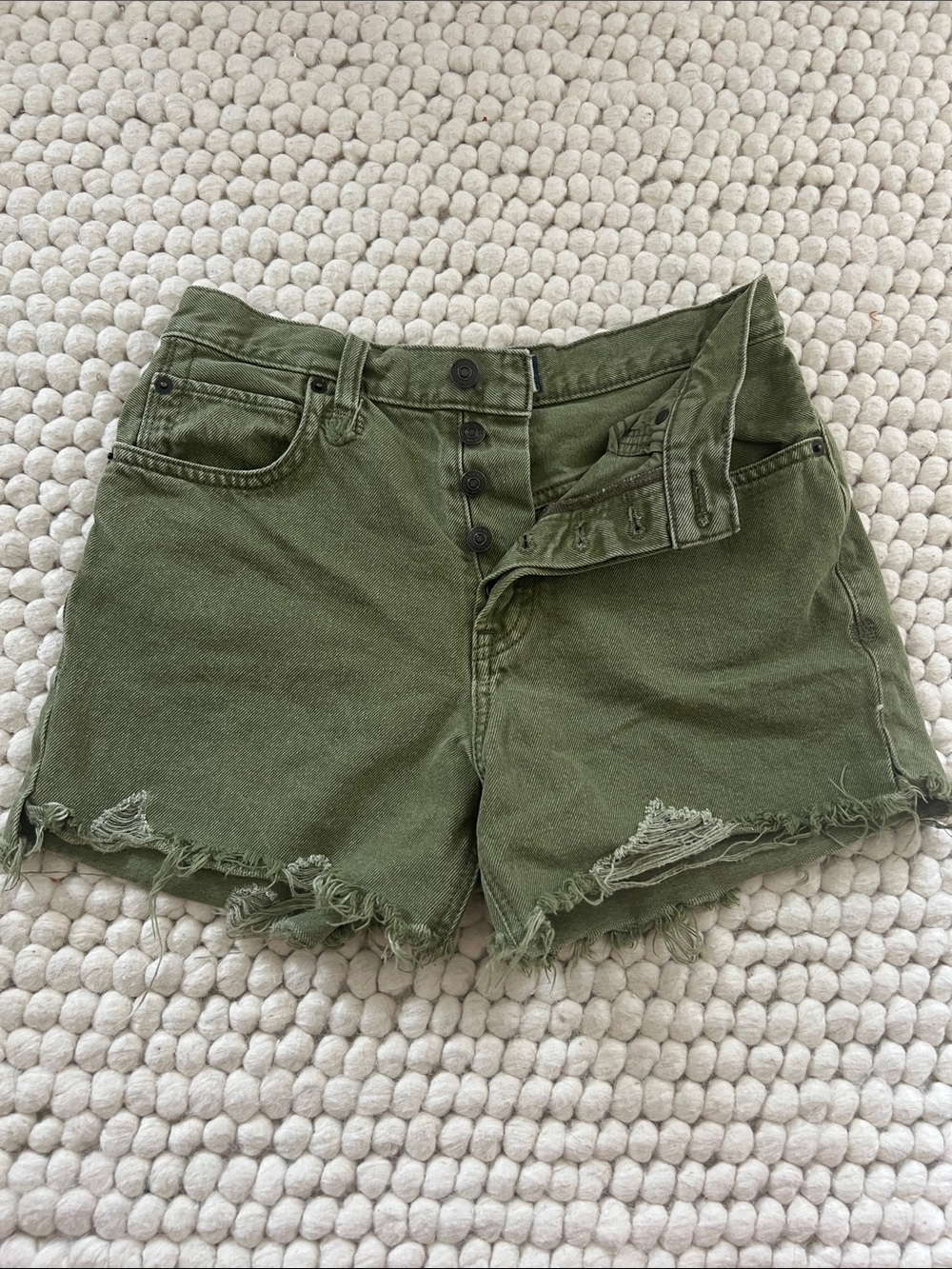 Free People Makai Ripped Cut Off Jean Shorts Olive Green Women Size 26